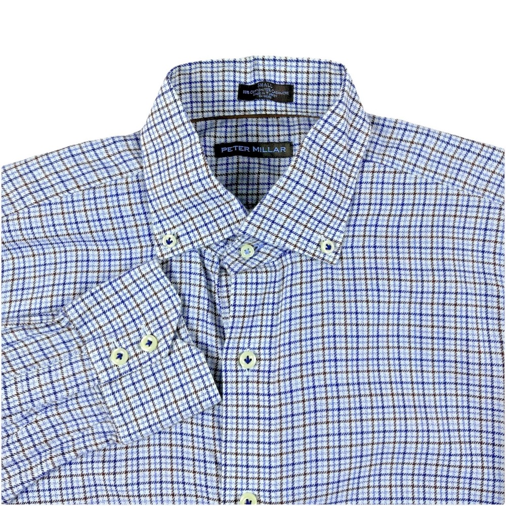 Peter Millar Cotton Cashmere‎ Button Down Shirt Small Blue Brown Check Classic